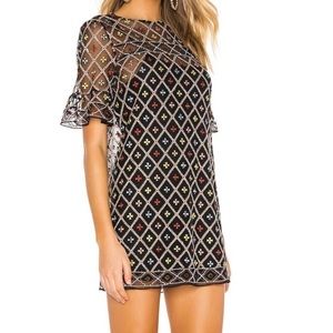 Tularosa Geometric Multicolor Embroidered Beaded Black Sheer Mesh Mini Dress